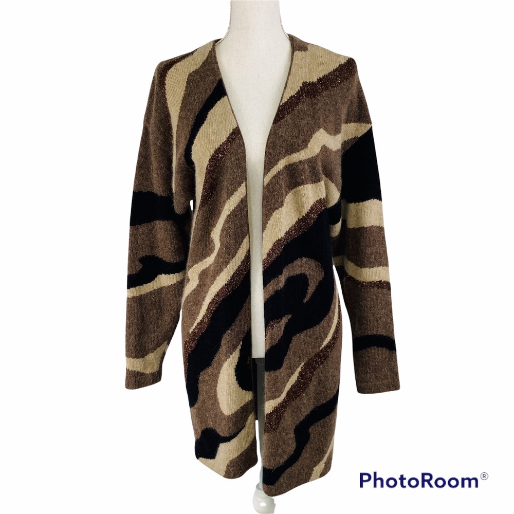 Outlander Lambswool Angora Brown Tan Metallic Open Cardigan Women’s Size Small